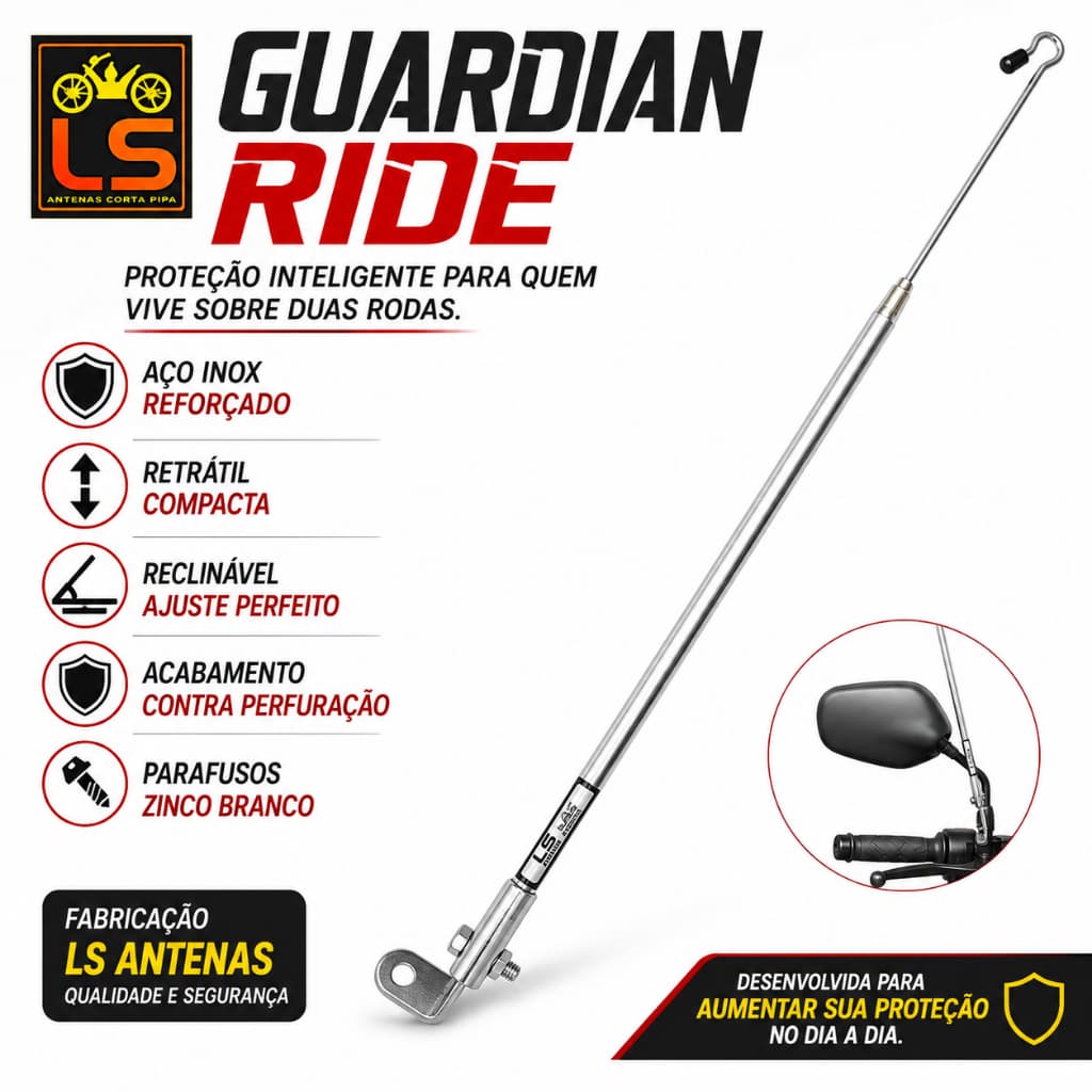 LR100 Antena Corta Pipa Retrátil Reclinável Fixação no Retrovisor Aço Inox LS Antenas