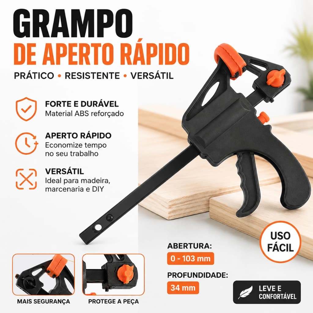 Grampo Sargento Rápido Multiuso com Gatilho | Função Reversível (Aperta e Expande), Ferramenta para Marcenaria e Projeto