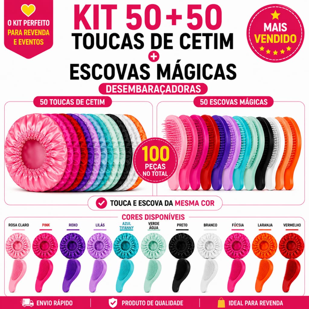 Kit 50 Toucas Cetim + 50 Escovas Mágica