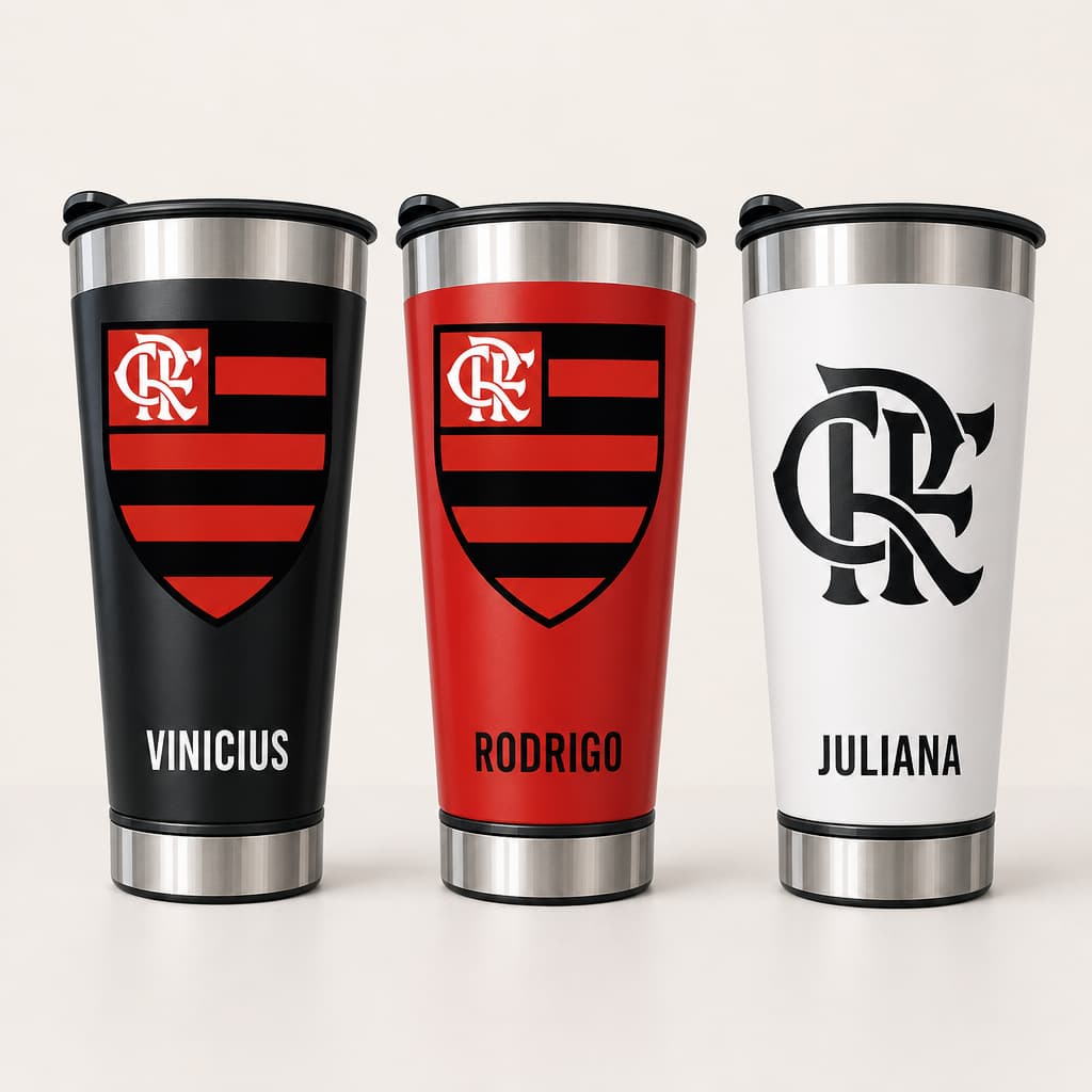 Copo Térmico Inox 473ml Personalizado Time Vermelho e Preto RJ – Com Nome | Presente para Torcedor | Dia dos Pais