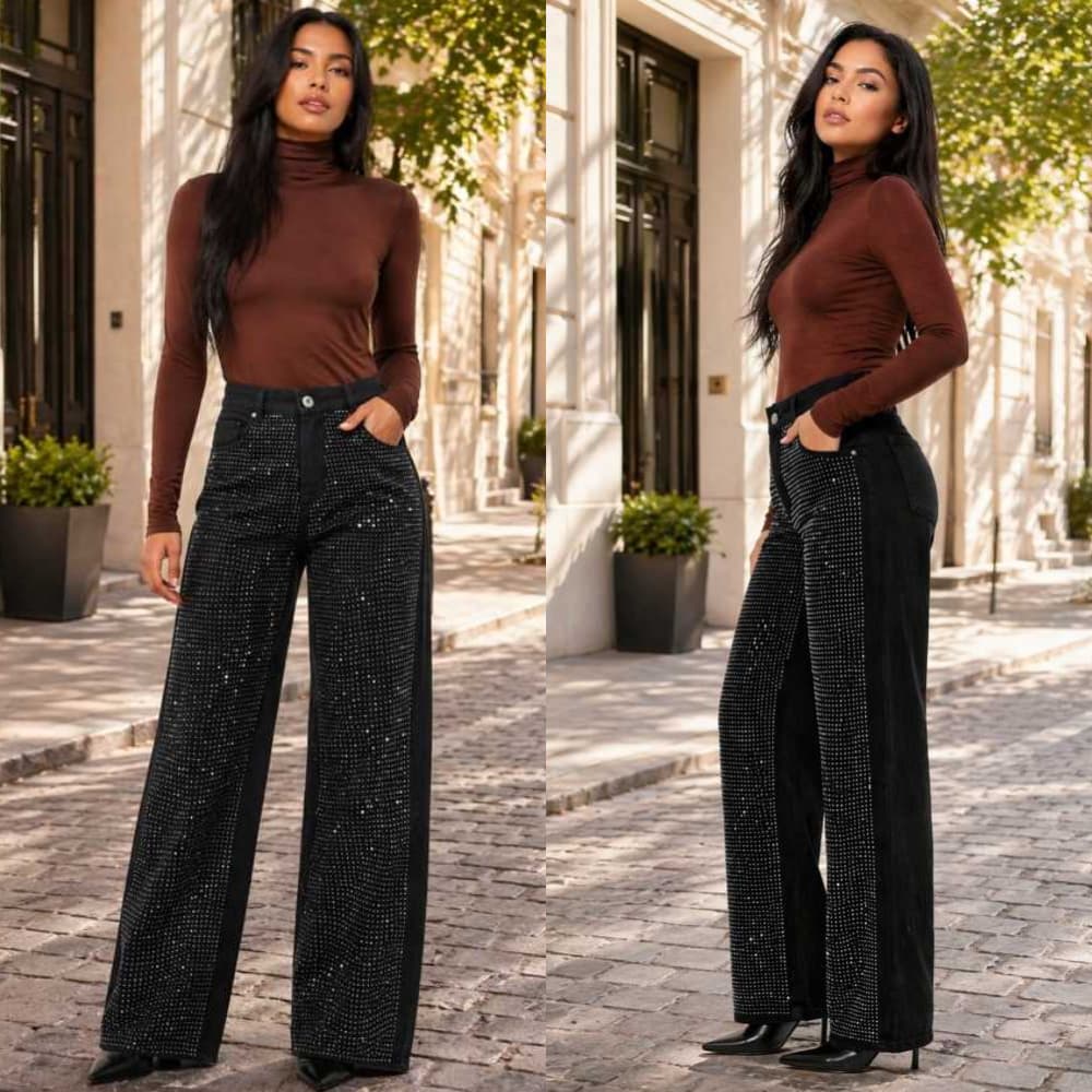 Calça Jeans Wide Leg Com Strass na Frente, Cintura Alta - Modelo Quadrado.