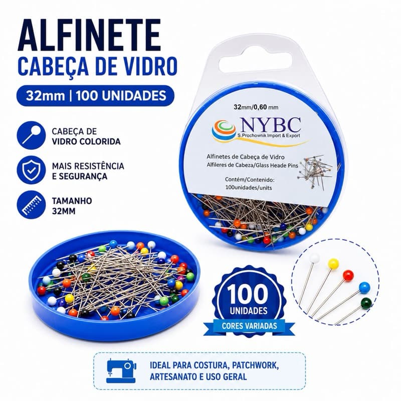 Alfinete cabeça de vidro kit com 100 unidades