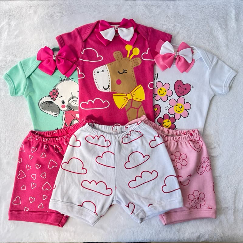 Kit com 9 PEÇAS Infantis Temático Feminino (3 Body + 3 Short + 3 laços) | Suedine 100% Algodão