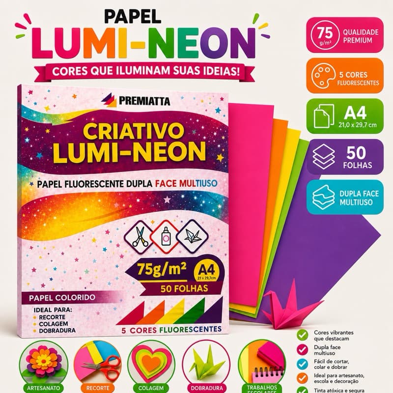 Papel Fluorescente A4 Dupla Face 75g 50 folhas | Cores Neon para Artes, Escola, Dobraduras, Artesanato, Aulas, Origami