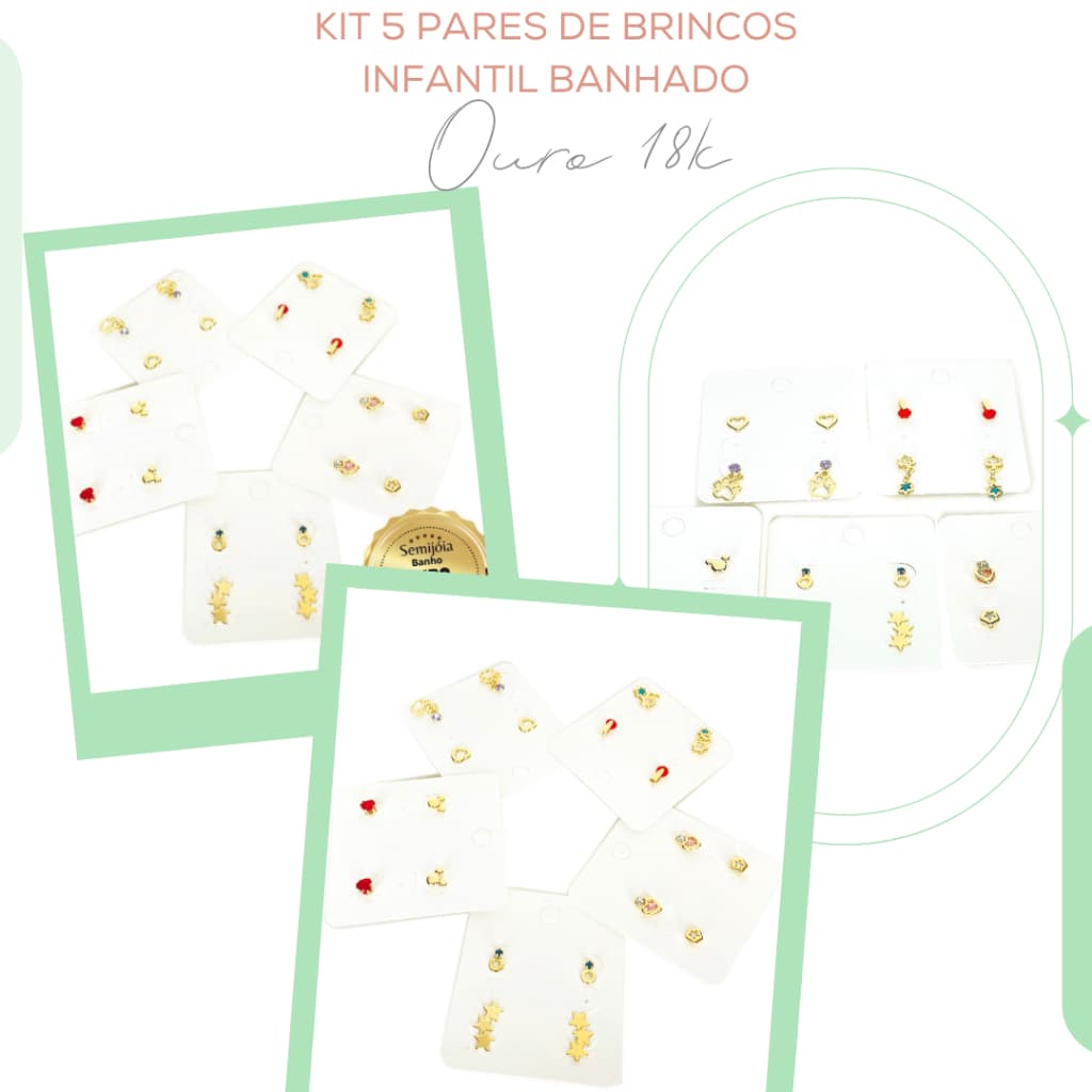 Kit Brinco Infantil Antialérgico c/ Banho Ouro 18k - 5 Pares Lindos P/ Bebês, Crianças Sensíveis