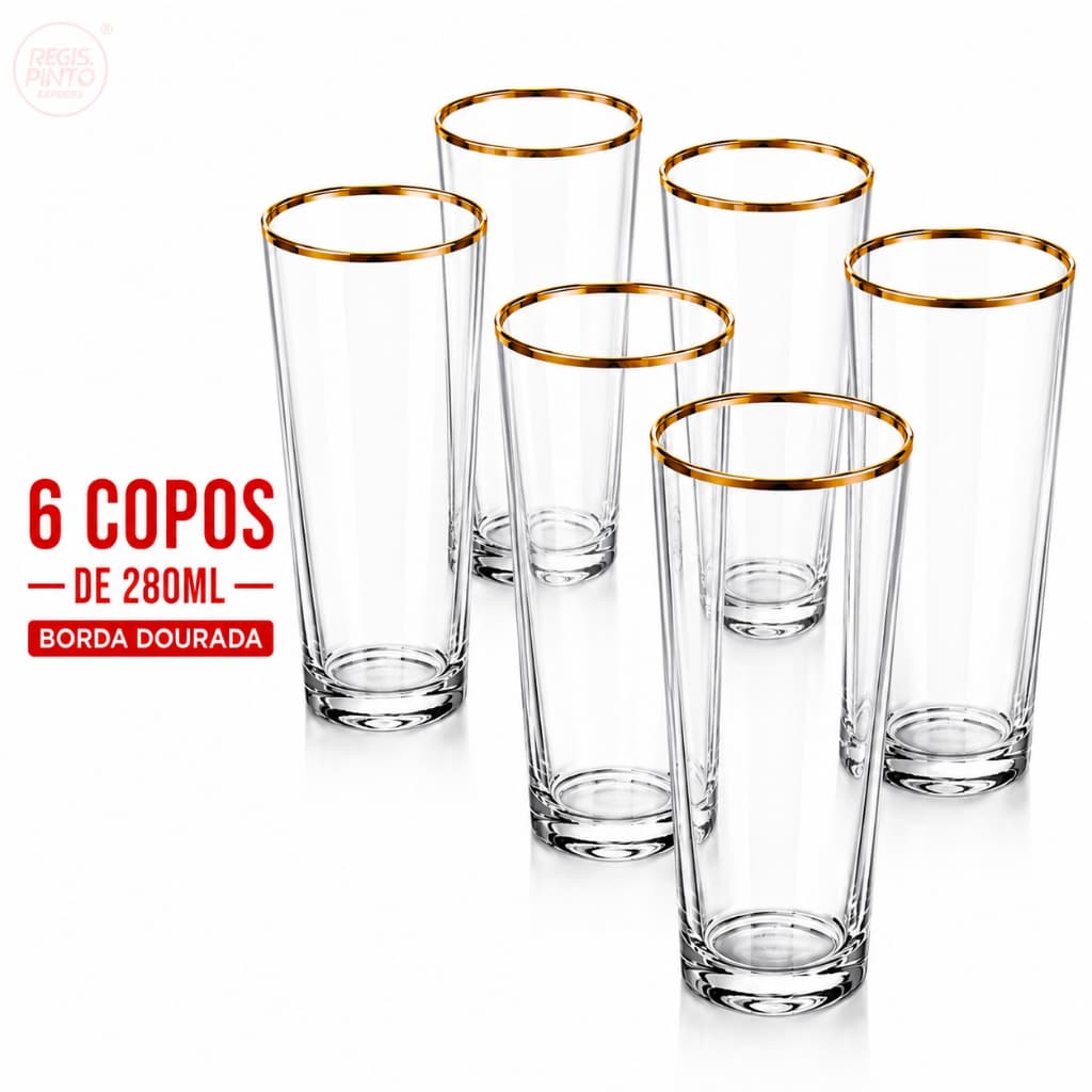 Jogo 6 Copos Transparente 280ml Vidro Borda Dourada para Água e Suco Drinks - Pisa