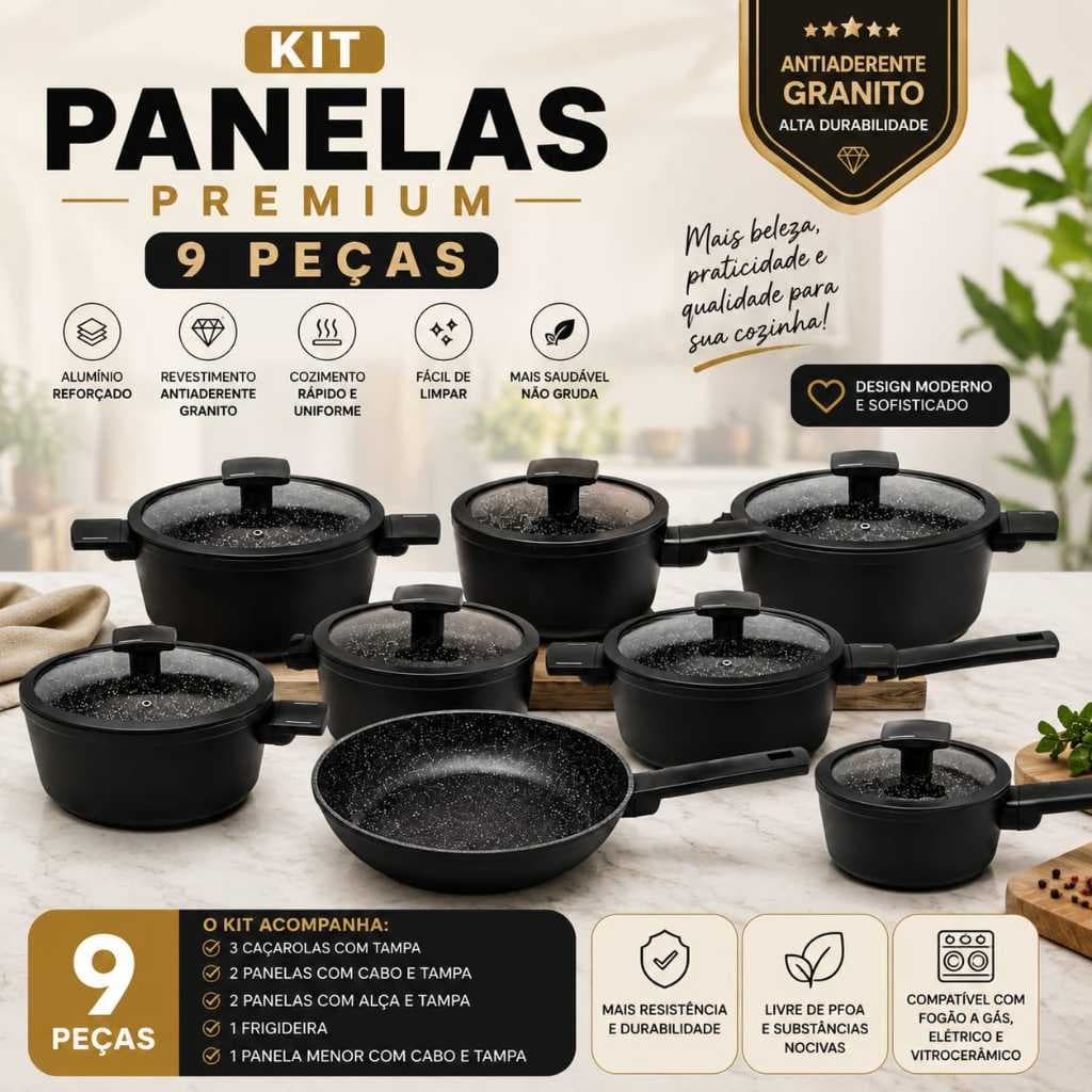 Jogo Kit Panelas Inducao Ceramica Antiaderente 9 Pecas Caçarola Frigideira Tampa Vidro Silicone Livre PFOA Max Black