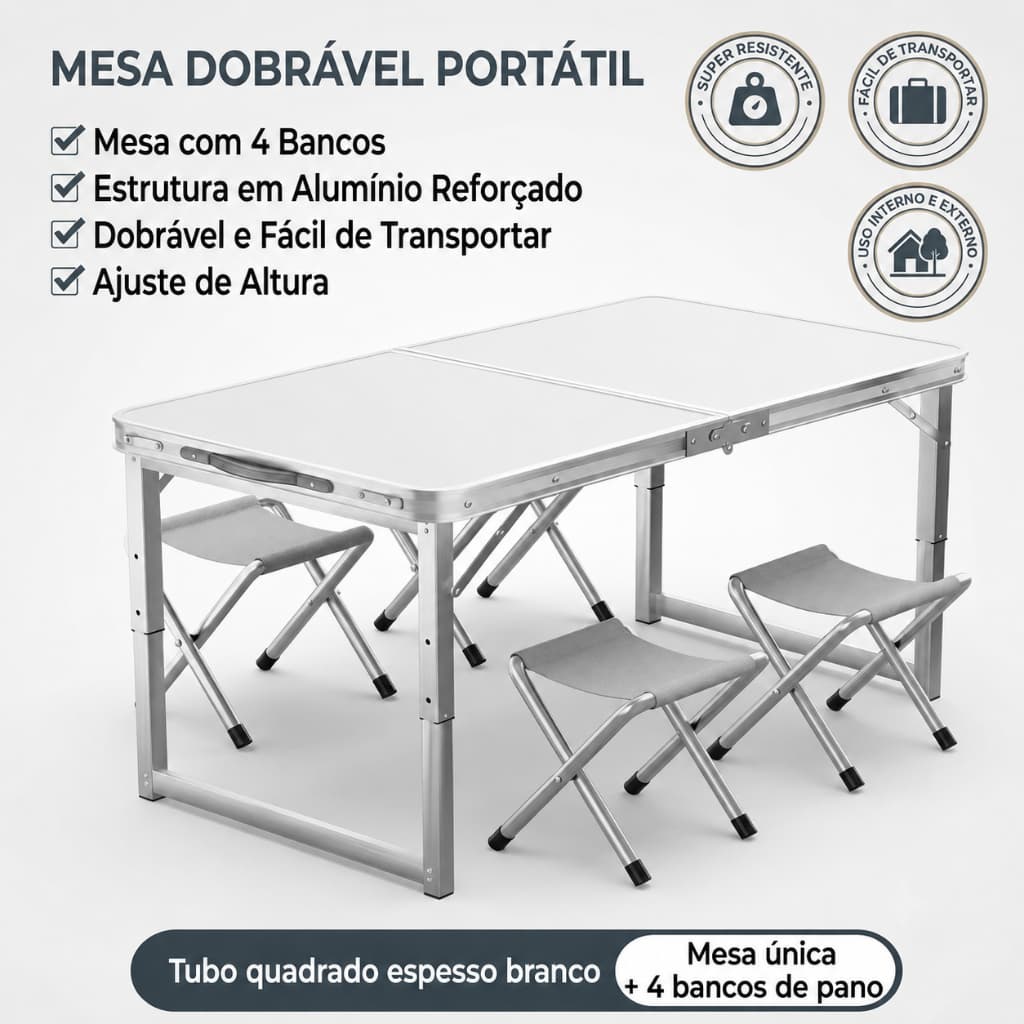 Mesa Dobrável Camping 4 Lugares com Bancos Portátil