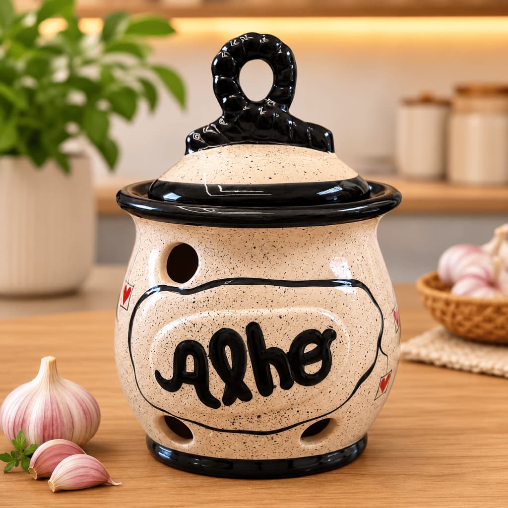 Pote de Alho em Cerâmica Premium / Porta Mantimento Para Alimentos Cozinha e Decoração