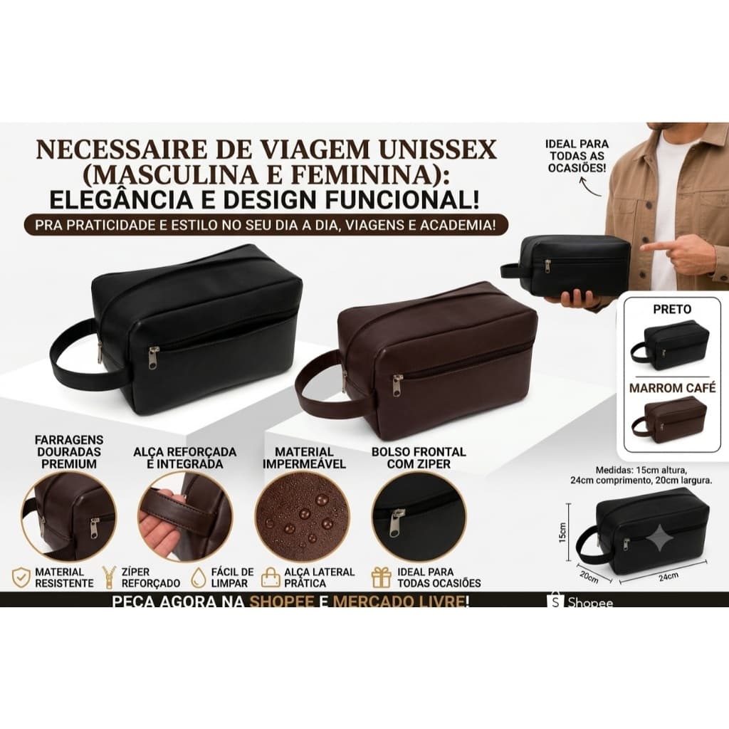 Necessaire De Viagem Unissex Em Couro Impermeável Espaçosa Organizador De Higiene Academia