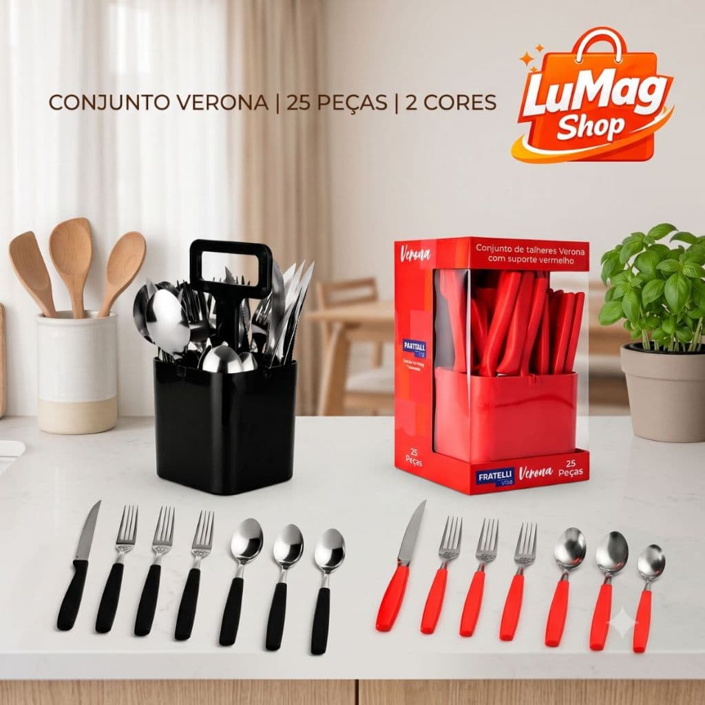 Conjunto Talheres Verona 25 Peças com Suporte Organizador Garfos Facas Colheres Inox Preto/ Vermelho