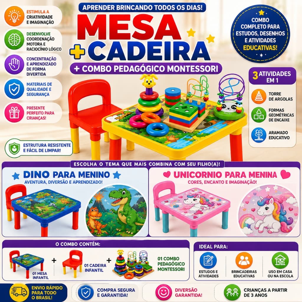 Mesa Com Cadeira Infantil + Combo Brinquedo Pedagógico montessori Completo