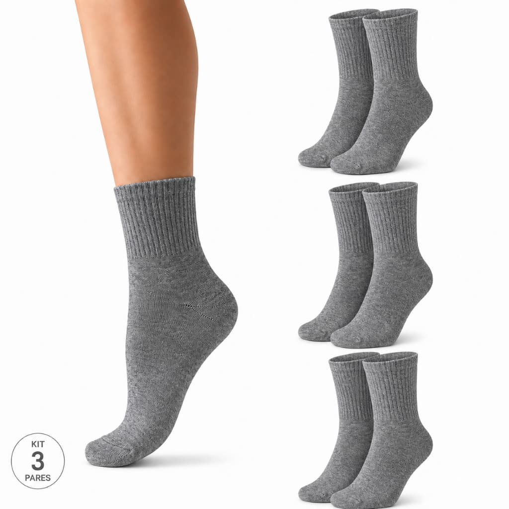 Kit 3 Pares Meia Cinza Cano Alto Casual