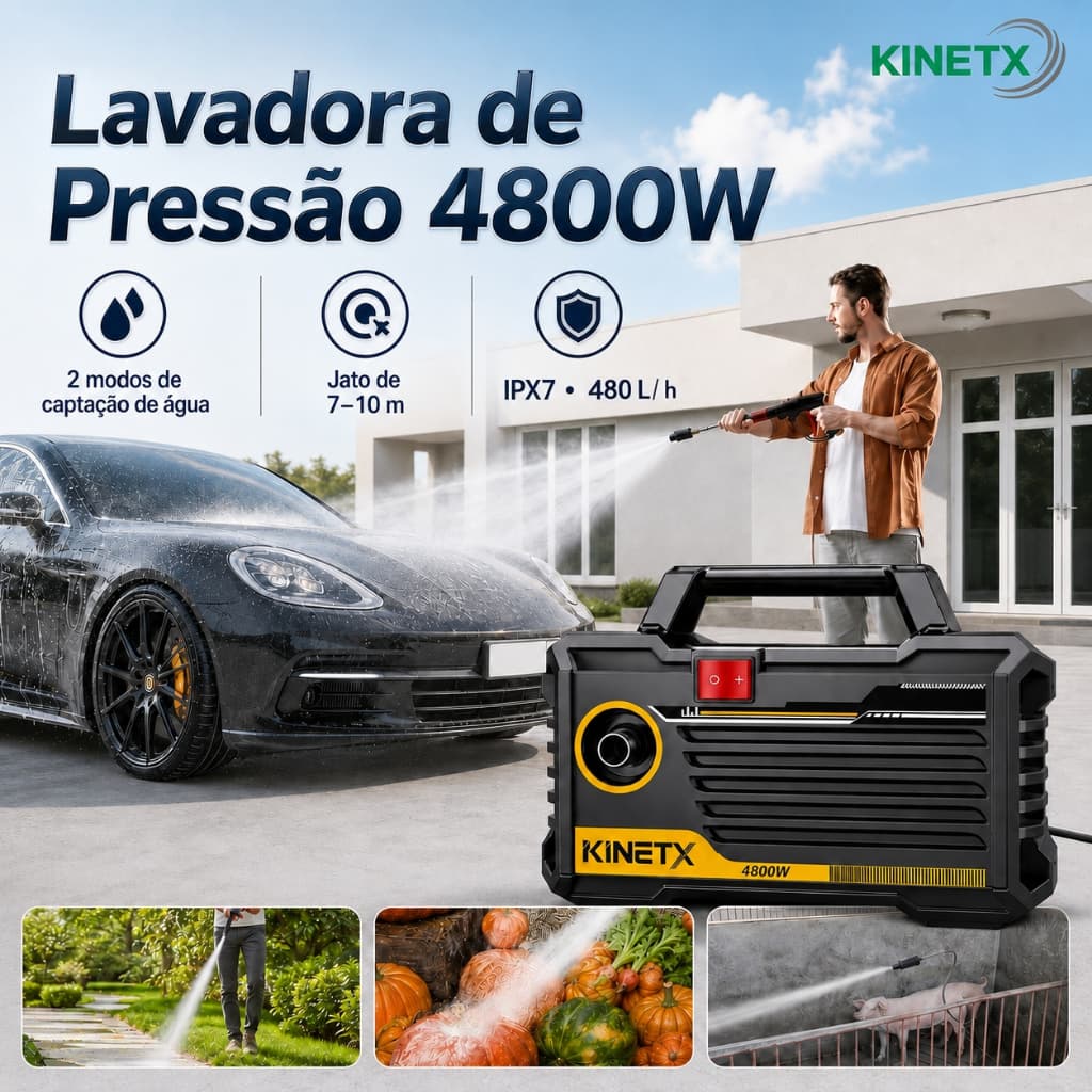 Lavadora De Pressão Alta Pressão Portátil 4800W Bivolt 127V/220V Com Mangueira Frasco Espuma Para Carro Casa KINETX