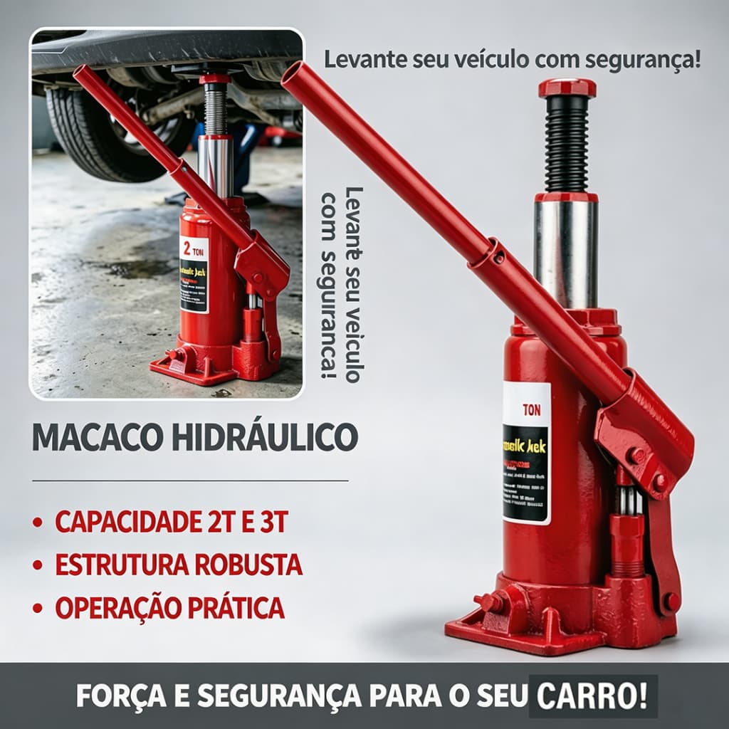 Macaco Garrafa Hidráulico 2/3 Toneladas – Ferramenta de Reparo Automotivo Resistente