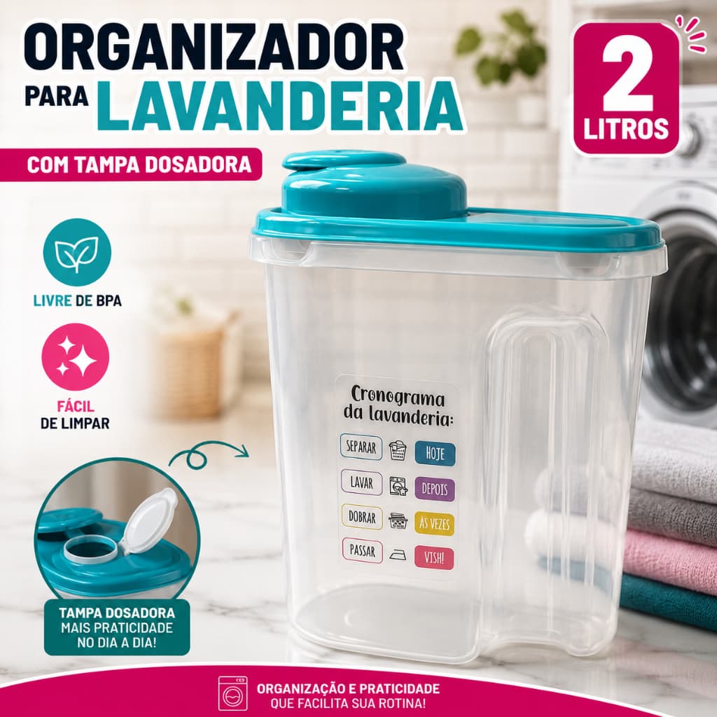 Kit Porta Sabão  2 Litros com Tampa Dosadora Organizador de Lavanderia Livre de BPA