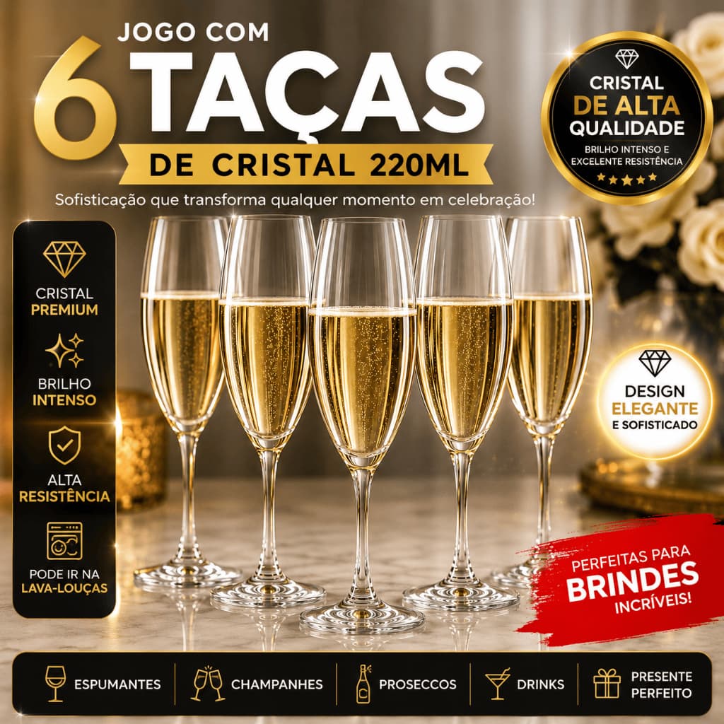 Jogo 6 Taças Espumante Champanhe Prosecco Vidro Cristal Elegância Premium Mesa Posta Luxo Casamentos Vários Modelos
