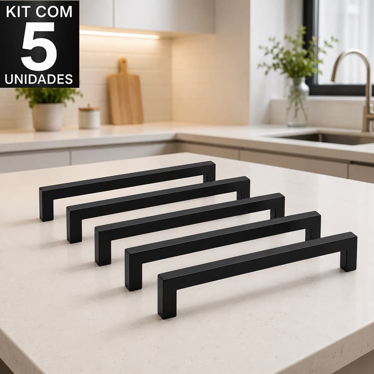 Kit 5 Puxadores Rezzo Il811 Aço Inox Preto 192mm Moveis Armarios Gavetas Portas