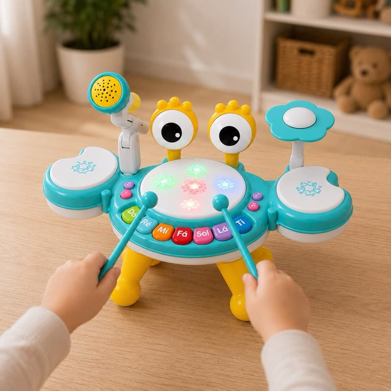 Bateria Musical Infantil Caranguejo 3 em 1 Piano Tambor Microfone com Luz e Som Educativo
