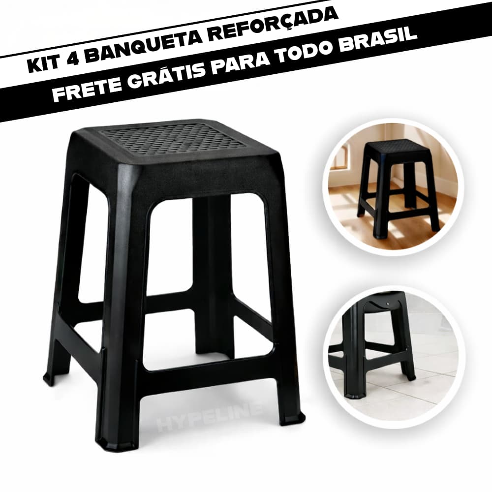 Banqueta Plástica Reforçada Banco Preto Assento Confortável Resistente para Casa Cozinha Bar Festas