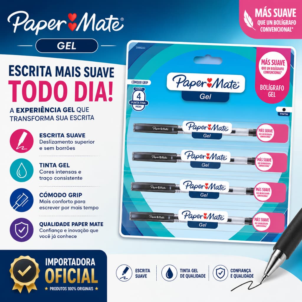 Caneta Econogel Preta  - 4 unid - Paper Mate Caneta Gel Preta