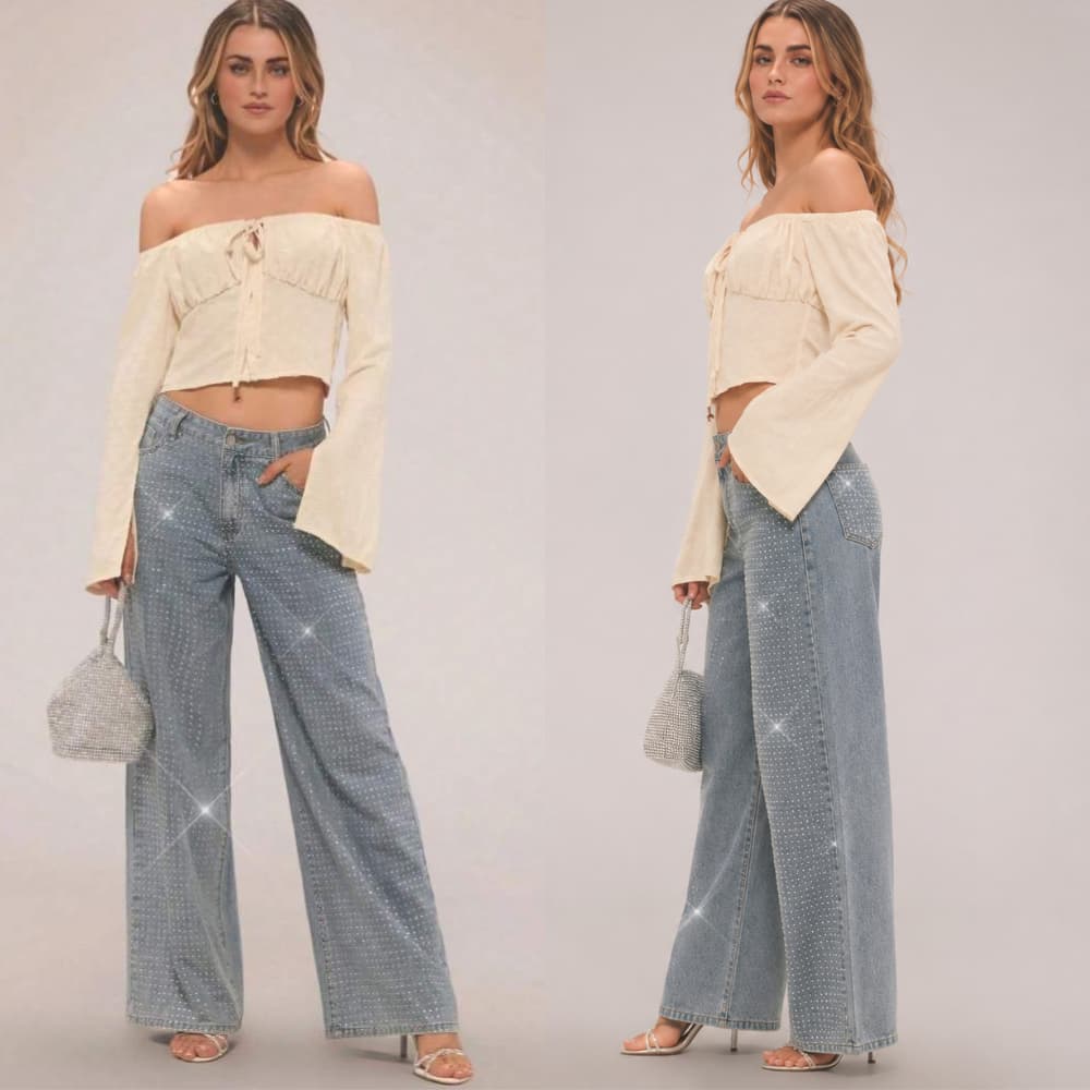 Calça Jeans Wide Leg Com Strass na Frente e no Bolso de Trás, Cintura Alta - Modelo Quadrado
