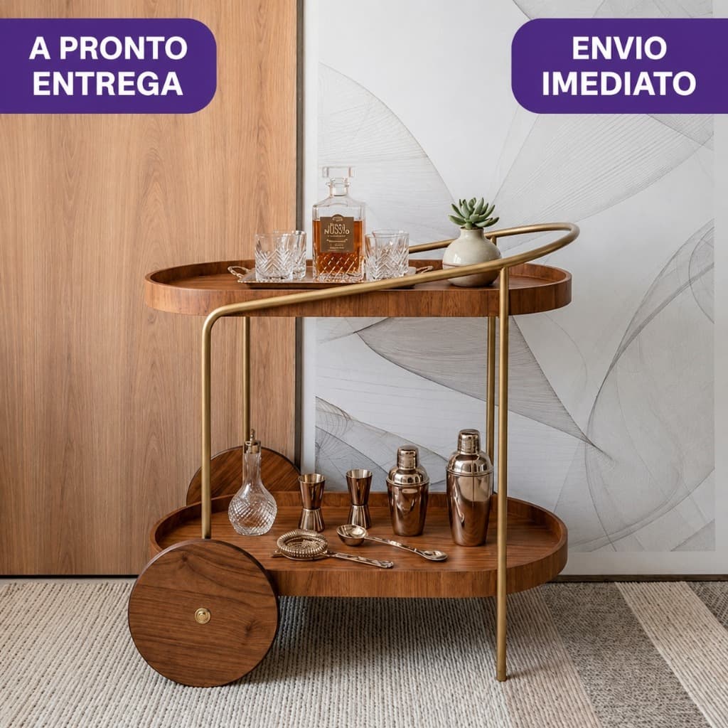 Carrinho Bar Para Bebidas Multiuso Organizador Amadeirado cinamomo - Dourada