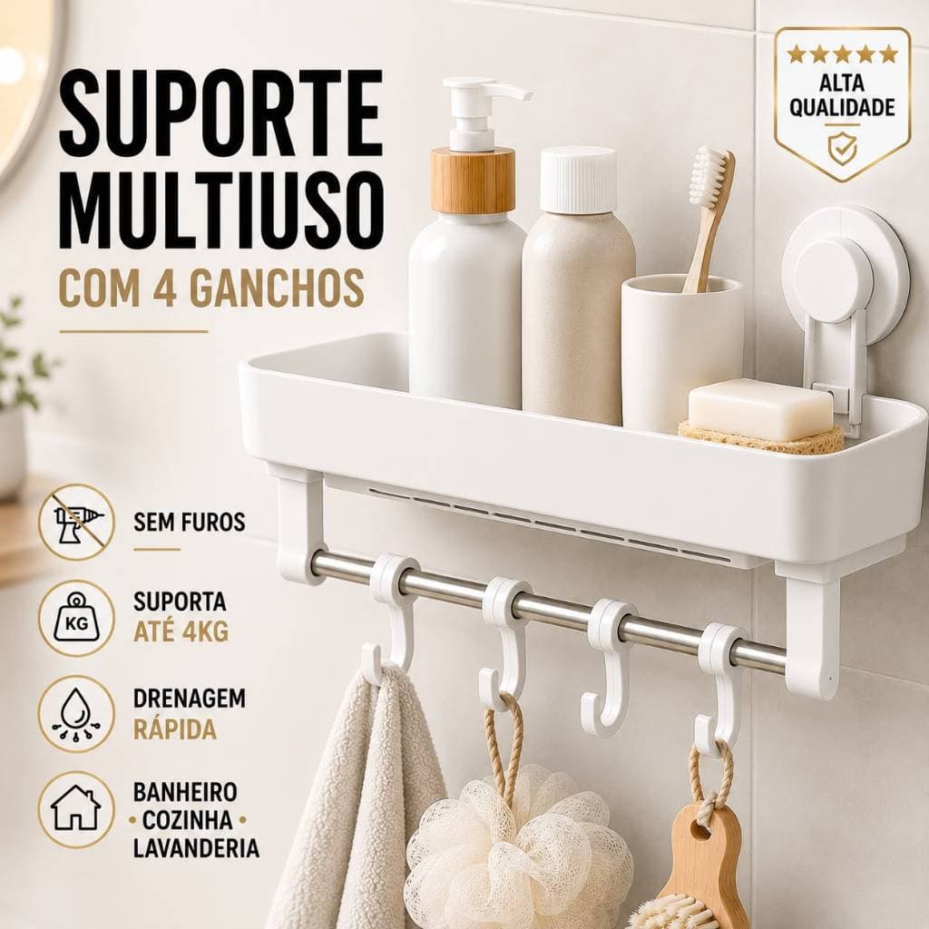 Suporte Multiuso com 4 Ganchos Sem Furos Ventosa Organizador Banheiro Cozinha Lavanderia Porta Shampoo Branco