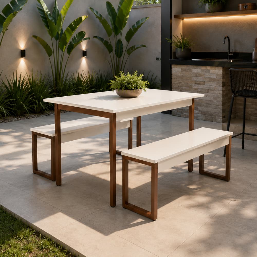 Conjunto Mesa de Jantar Paris com 2 Bancos em MDF e Aço Estilo Industrial para Espaços Gourmet