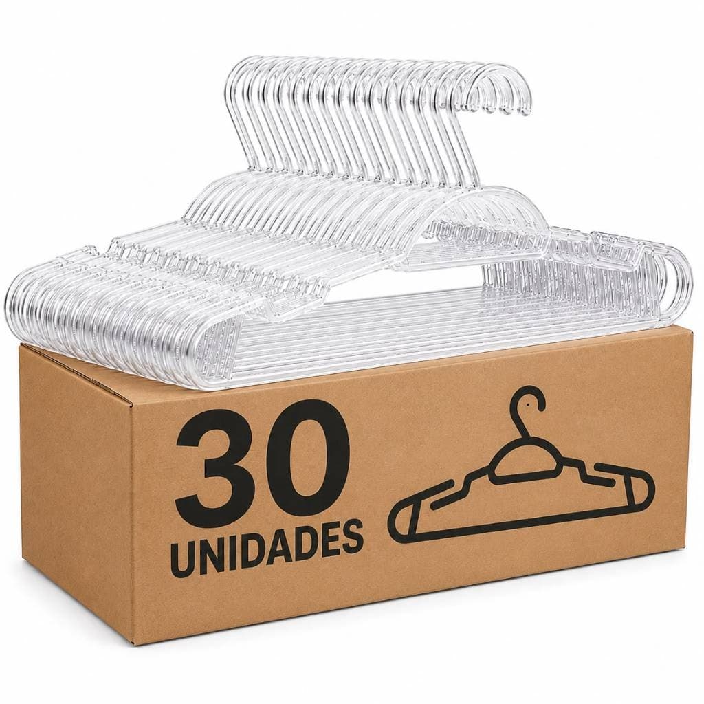 Kit 30 Cabides Acrílico Cristal Transparente Reforçado 8mm Adulto Resistente Organizador de Roupas