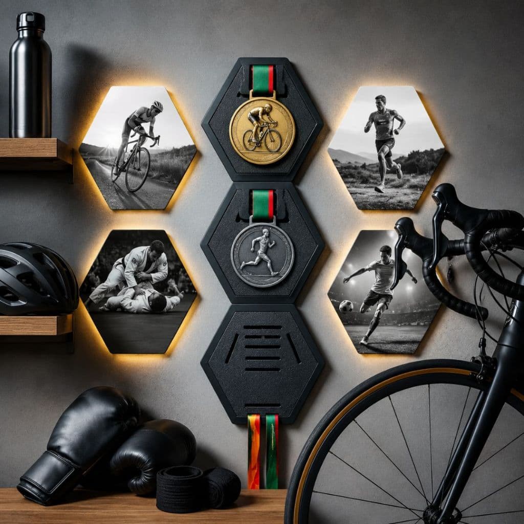 Porta Medalhas Hexagonal Colmeia Organizador Expositor Medalhas Esportes Corrida Ciclismo Jiu Jitsu