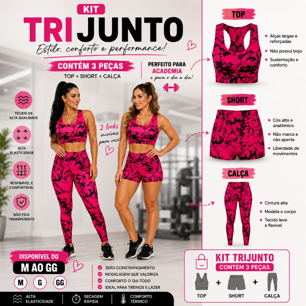 Kit Trijunto Fitness Feminino Marmorizado 3 Peças Top + Short + Calça Academia M ao GG