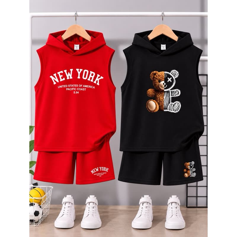 kit 4 peças 2 conjuntos infantil menino algodão short e regata capuz verão confortável