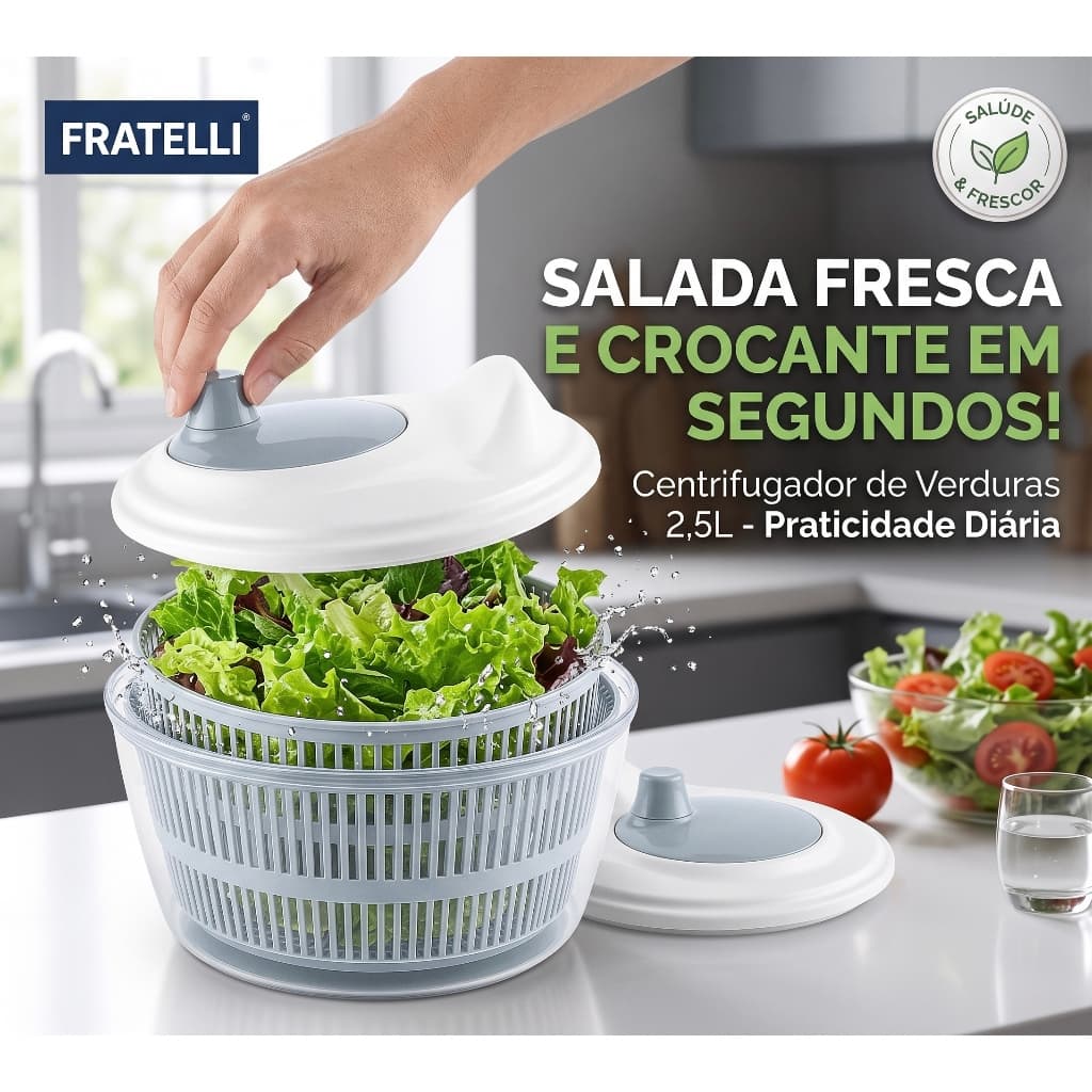 Seca Salada Folhas Giratório Centrifuga Verduras 2,5L Manua. Cozinha Escorredor Salada Spinner Cinza