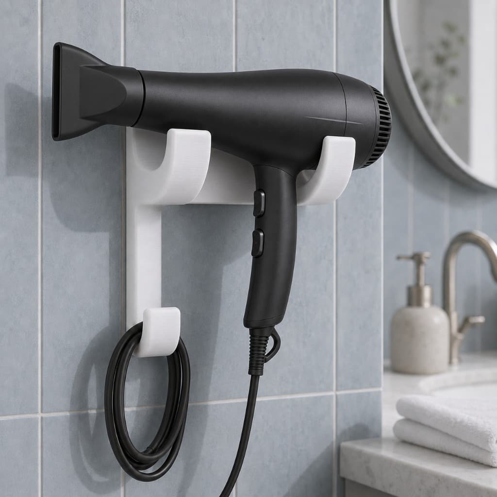 Suporte para Secador de Cabelo de Parede com Porta-Cabo Fixação por Parafusos ou Fita Dupla Face