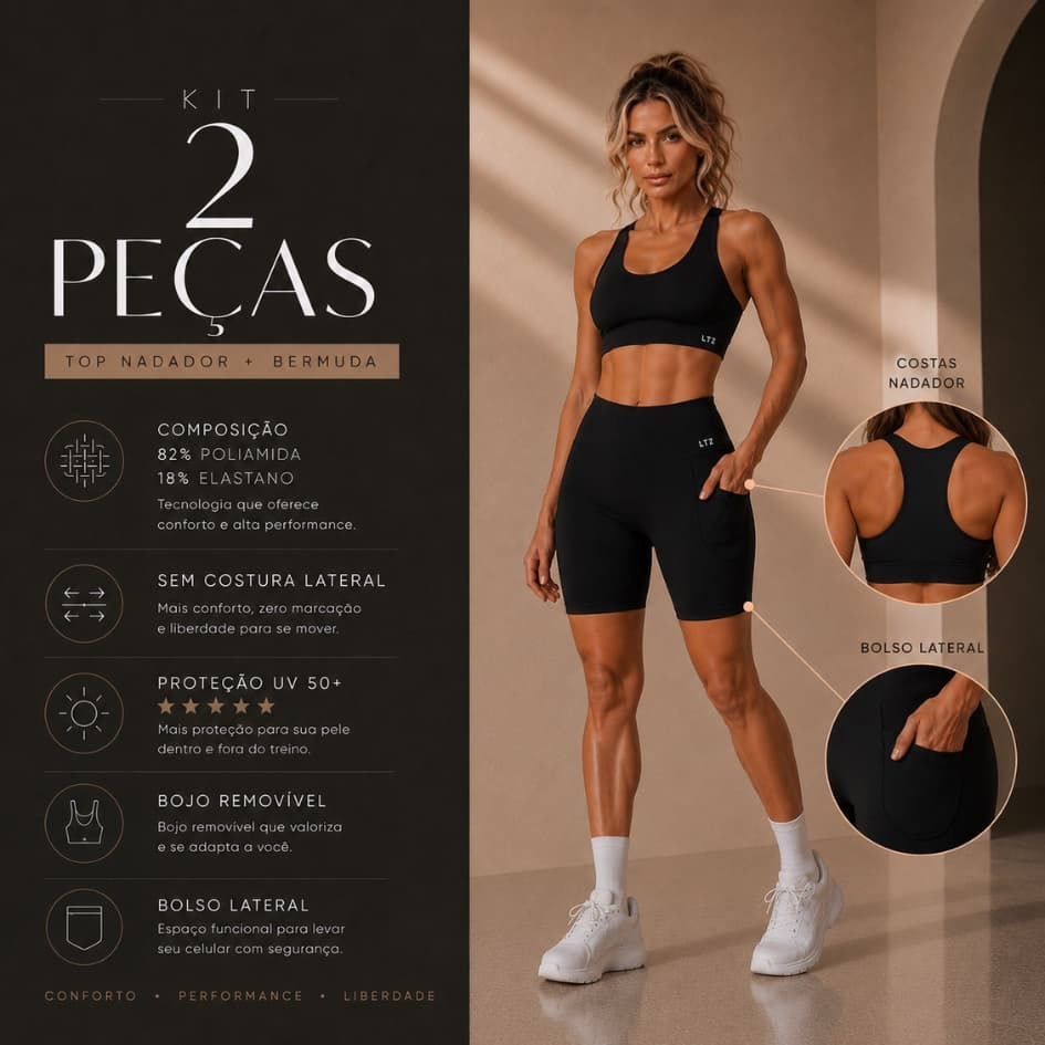 Conjunto Fitness Top Nadador + Bermuda Poliamida Premium Cintura Alta Bolso Lateral