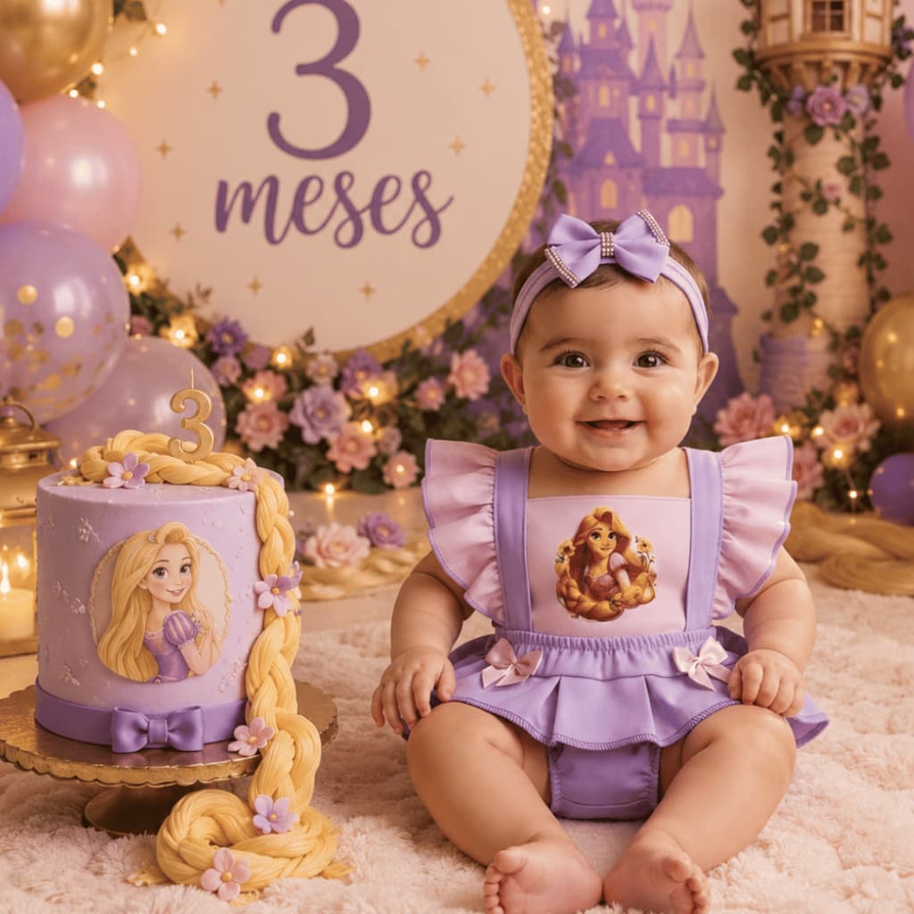Romper jardineira Princesinha Rapunzel bebê mesversário menina princesa de 0 a 3 meses