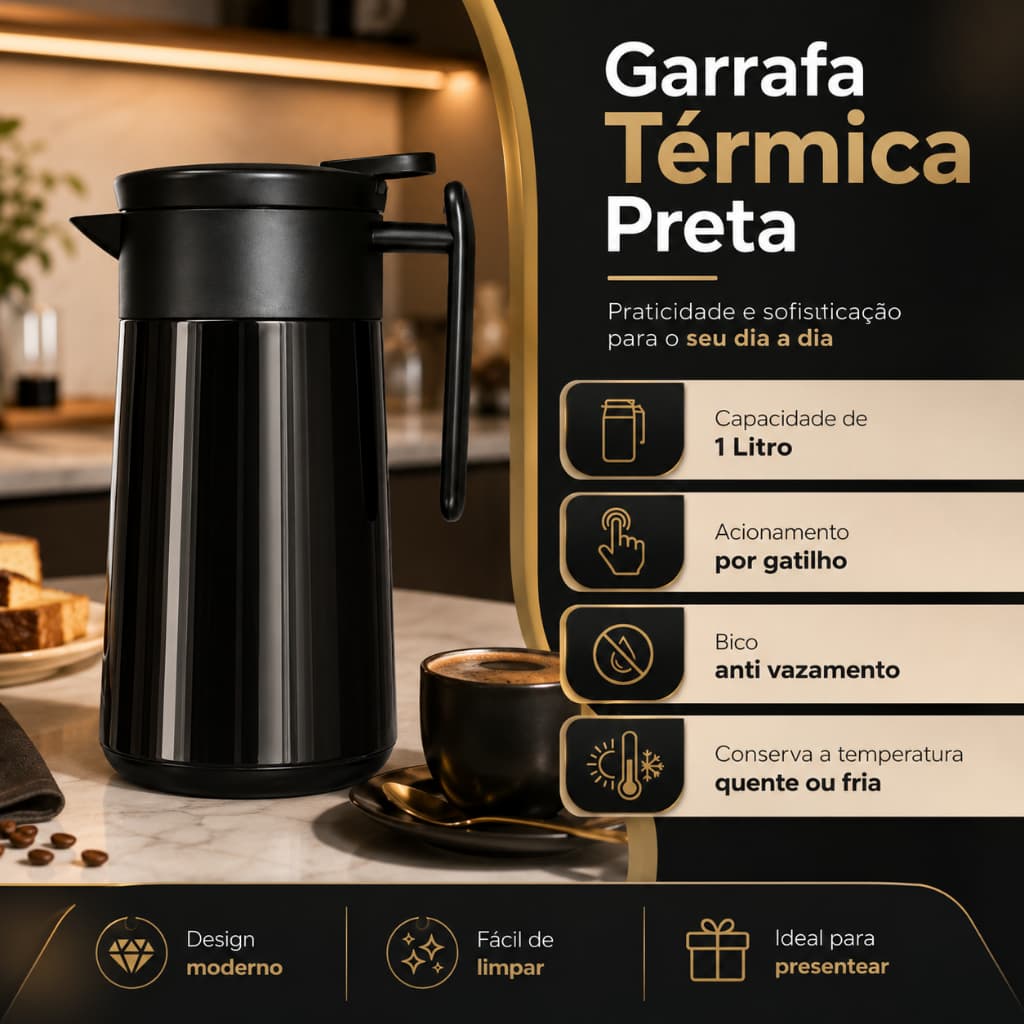 Garrafa Térmica Preta 1 Litro Café Chá Ampola De Vidro Anti Vazamento