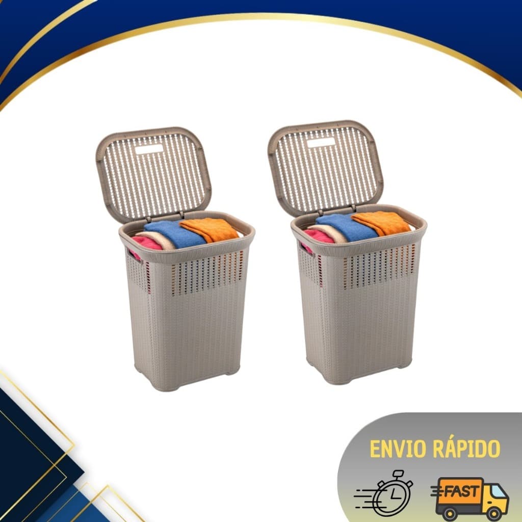 Kit 2 Cestos Rattan 50L Injeplastec com Tampa – Organizador de Roupas Resistente e Moderno para Lavanderia e Casa