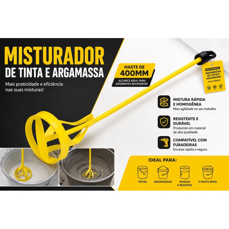 🟡 Misturador de Tinta e Argamassa 400mm para Furadeira – Mistura Rápida e Homogênea