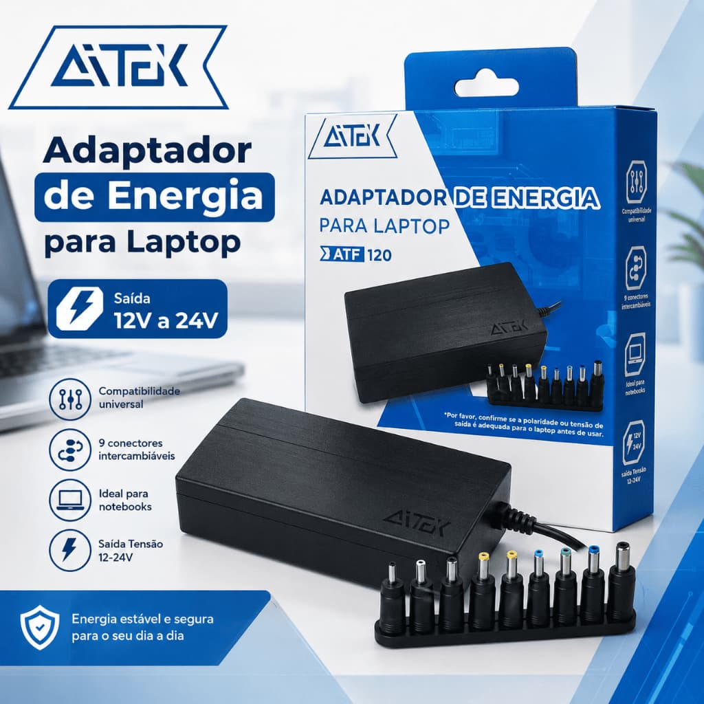 Fonte Carregador Universal para Notebook 120W 8 Pontas 12V a 24V Bivolt