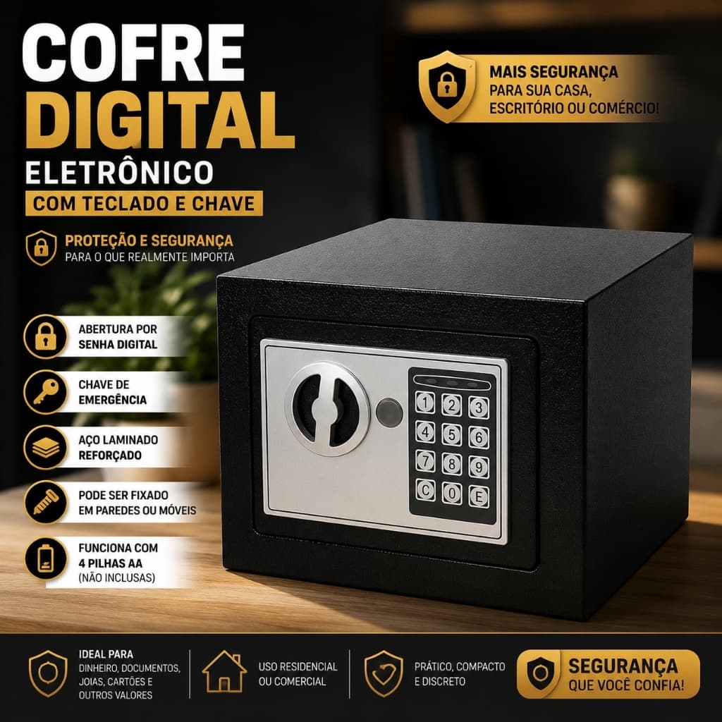 Cofre Digital Eletrônico Aço Com Senha Teclado Chave Emergência Preto Segurança Residencial 23cm Lar