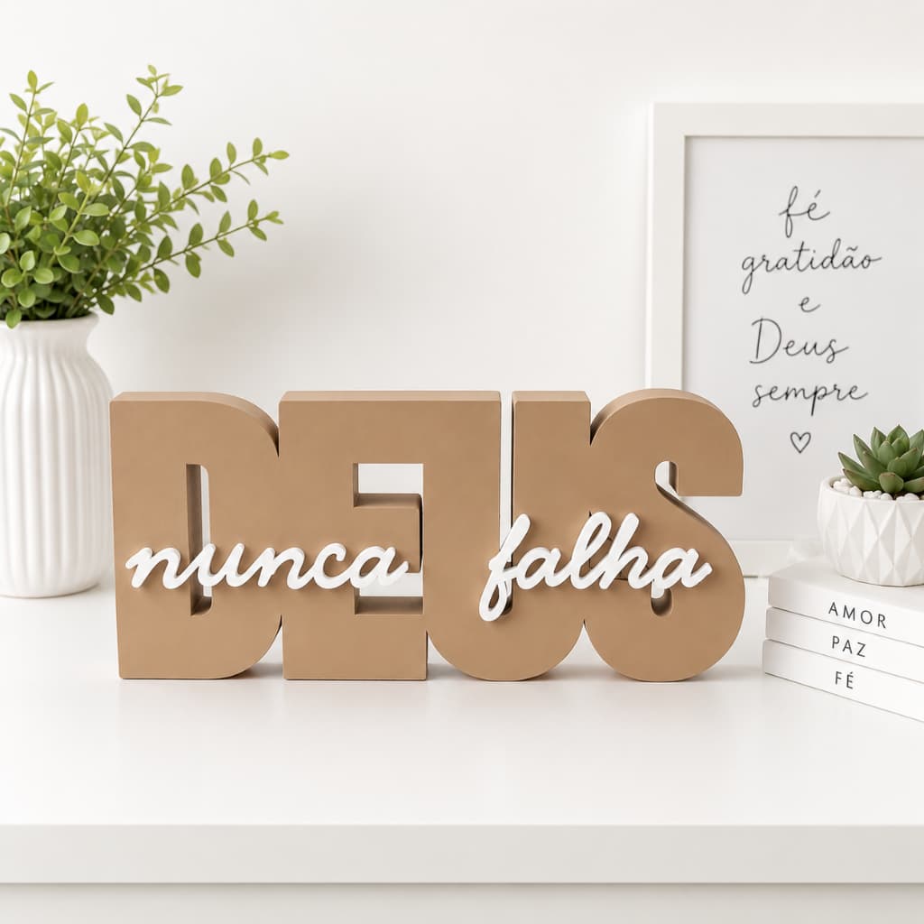 Letreiro Decorativo Deus Nunca Falha Decoração Cristã Presente Religioso enfeite sala quarto