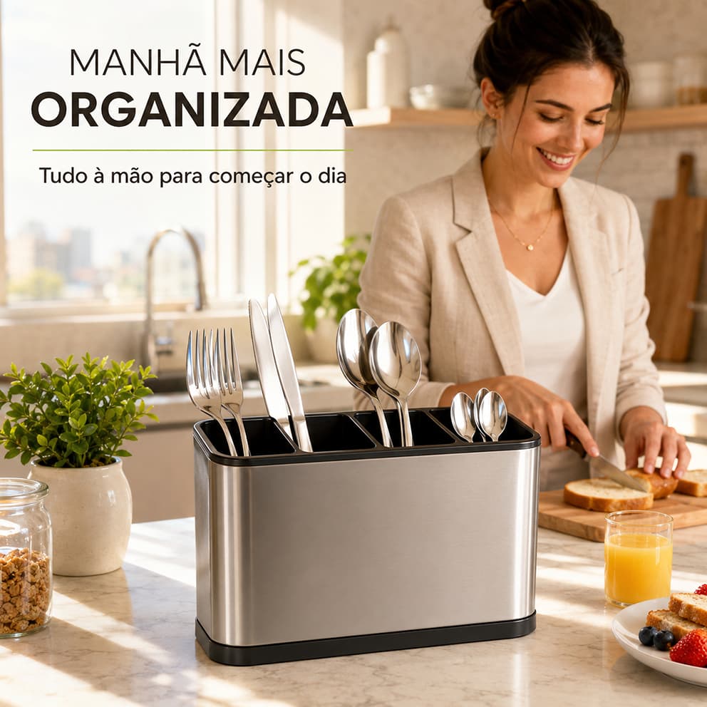 Escorredor perfurado para guardar utensílios de mesa de aço inoxidável, ideal para usar perto da pia da cozinha.