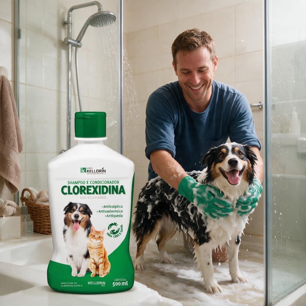 Shampoo Clorexidina 500ml Kelldrin para Cães e Gatos Antisséptico Antisseborreico Condicionador