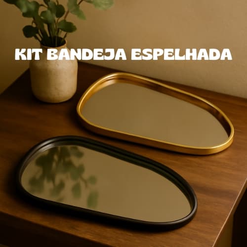 BANDEJA ORGANICA DECORATIVA ESPELHADA MULTIUSO BANHEIRO LAVABO SALA PRETO DOURADO