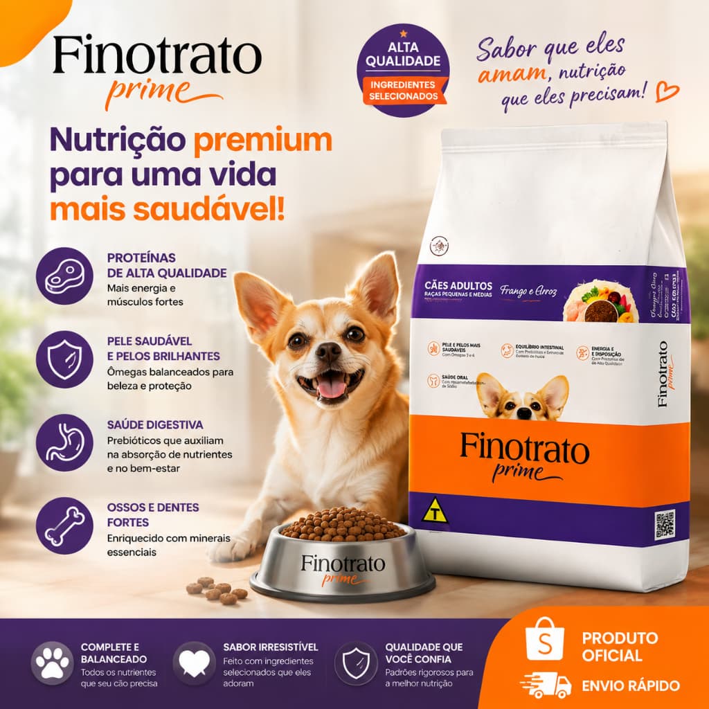 Ração Finotrato Prime Premium Especial Cães Adultos Raças Peq e Médias Sabor Frango e Cereais 10,1kg