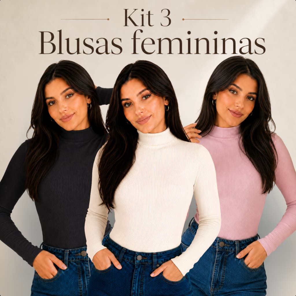 Kit 3 Blusa Feminina Manga Longa Gola Alta Canelada Básica Segunda Pele Cacharrel Inverno Frio