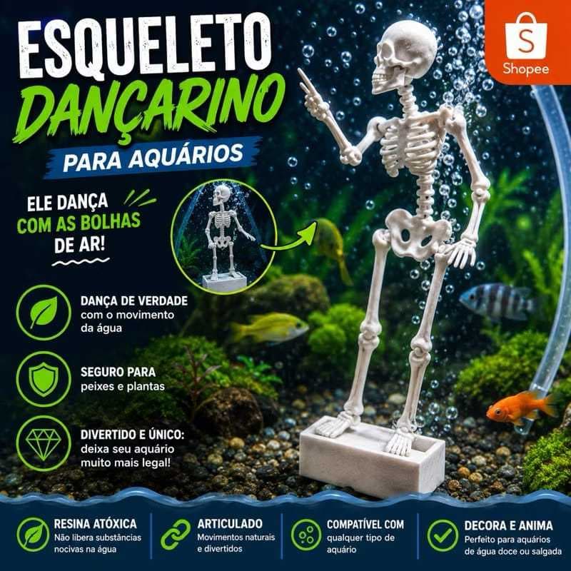 Enfeite para Aquário Esqueleto Dançante com Bolhas e Oxigenador
