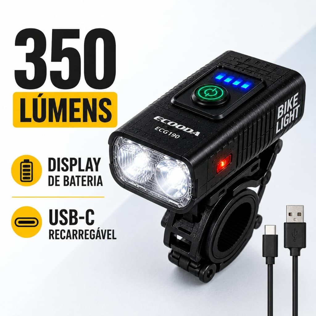 Farol Bike Bicicleta 350 Lumens LED Duplo USB-C Recarregável Display de Bateria Luz Lateral Vermelha ECOODA EC6190